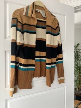 Faded Glory Striped Open-Front Cardigan in Camel, Black & Teal